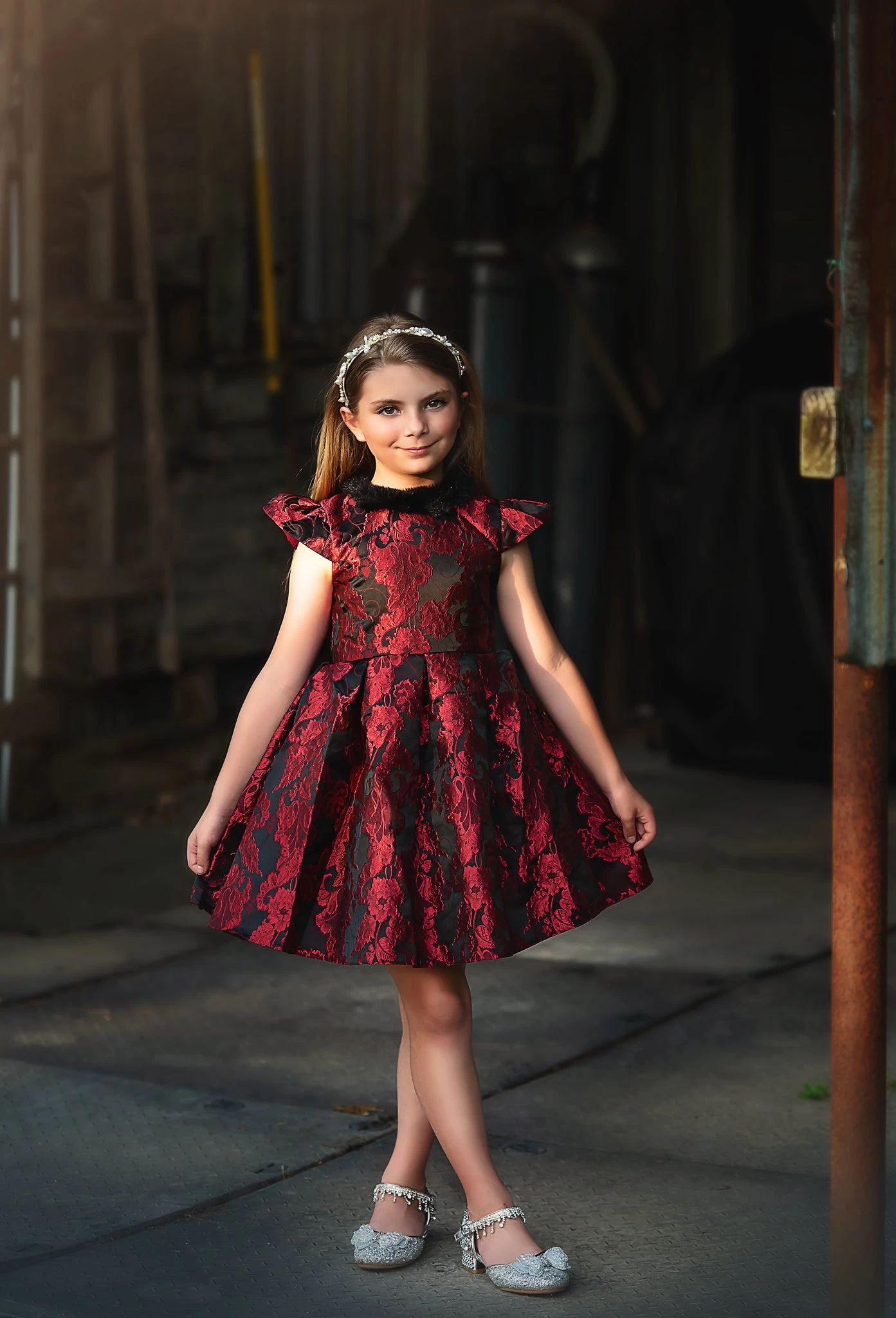 EVANGELINE DRESS CRIMSON JACQUARD 1 EVANGELINE DRESS CRIMSON JACQUARD